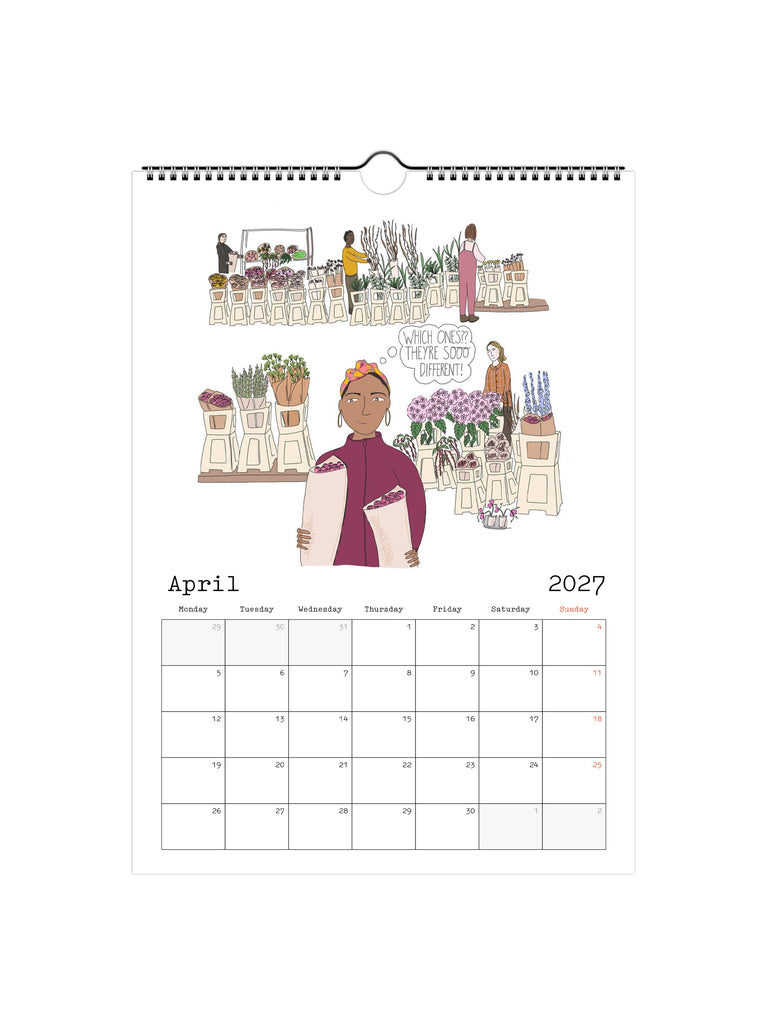 Calendar page for April 2027 with illustrations of florists and flowers on a white background