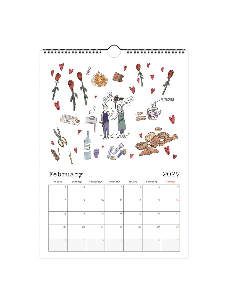 Calendar page for February 2027 with spot illustrations about florist life over Valentines Day