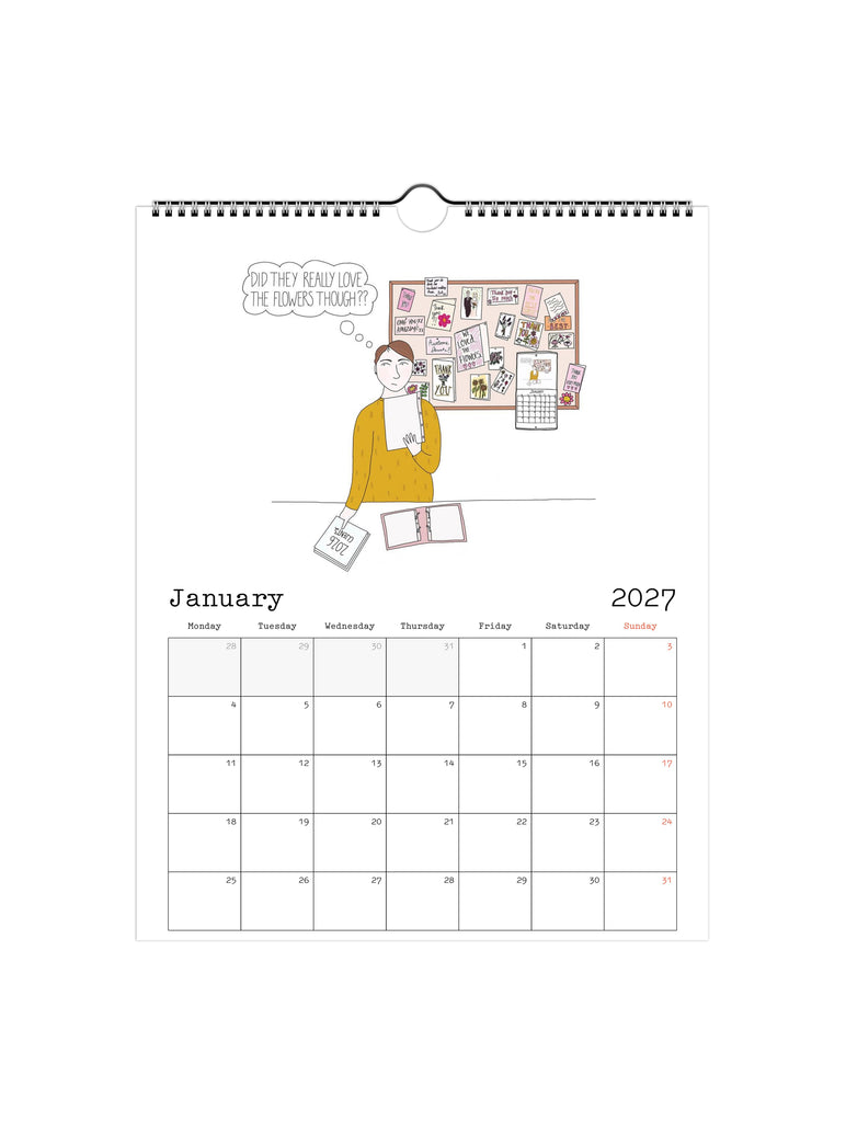 Calendar for January 2027 with an illustration of a person and a thought bubble on a white background.