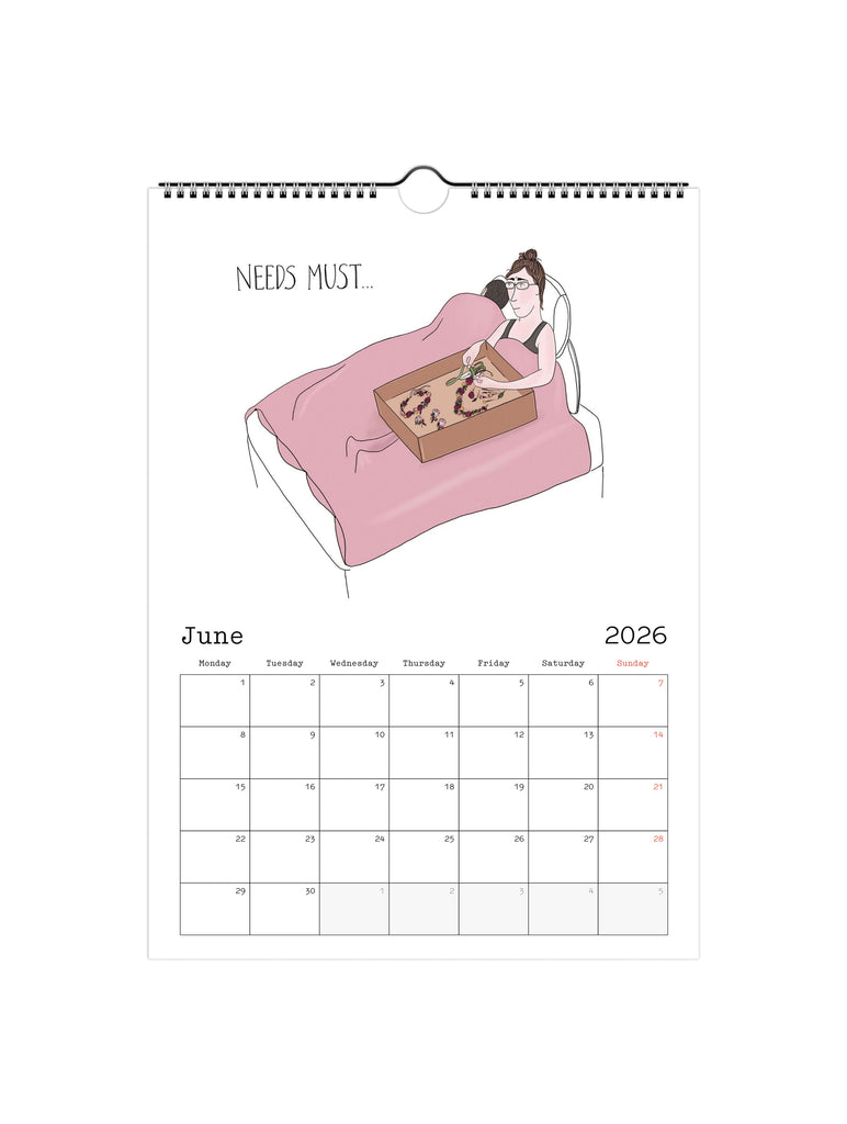 Calendar page for June 2026 with an illustration of a florist in bed making buttonholes on white background