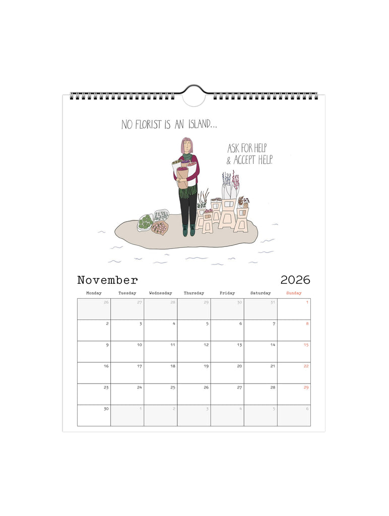 Calendar page for November 2026 with an illustration of a person holding wraps of flowers and text on a white background.