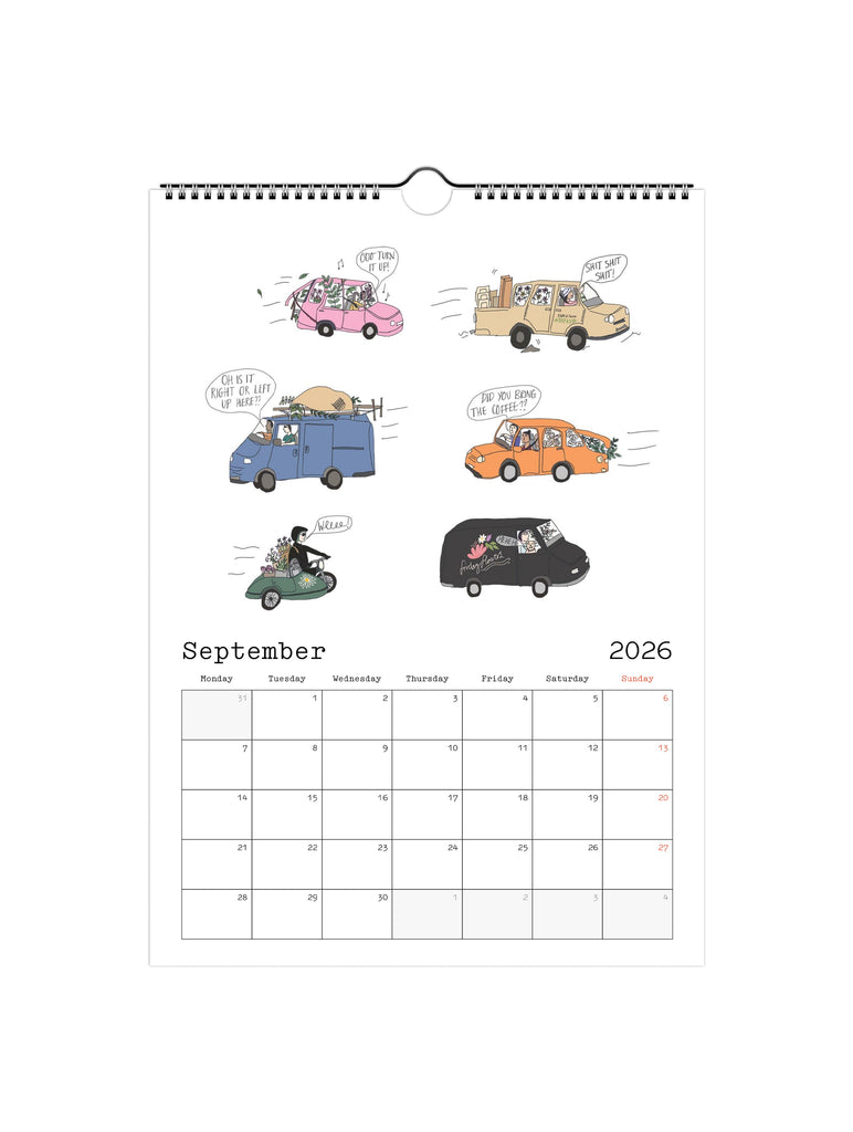 Calendar page for September 2026 with cartoon cars and people on a white background