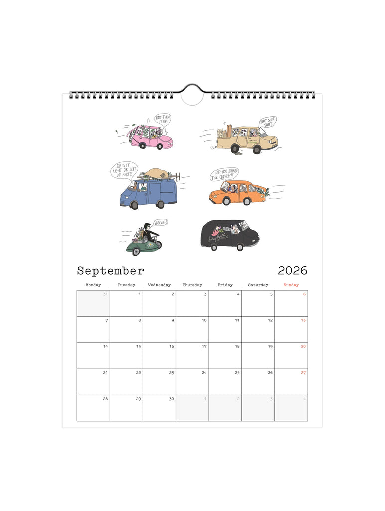 Calendar page for September 2026 with cartoon vans on a white background